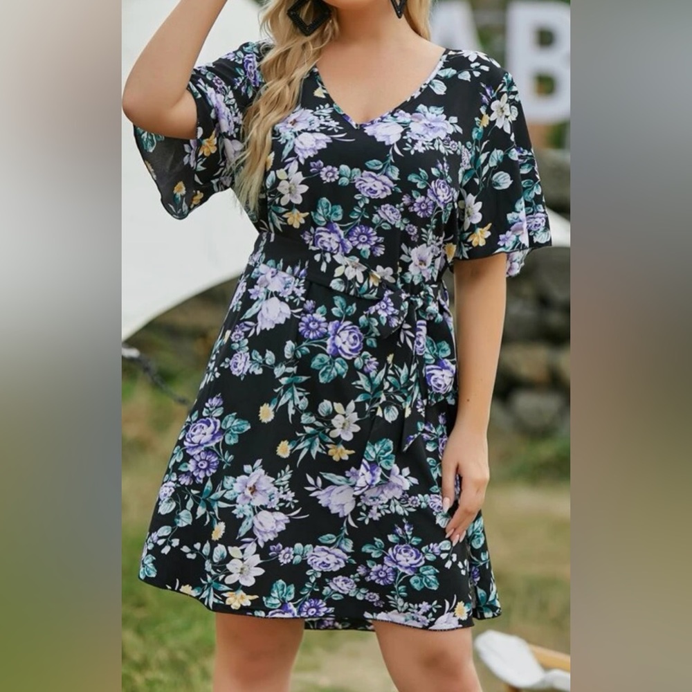 2xl shein floral print v-neck belted dress